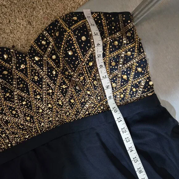 Sz 18 Alyce Paris 6573 Navy Chiffon Strapless Sweetheart Gown Gold Citrine Stone - Picture 12 of 12